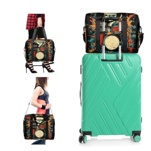 Watercolor Drum Travel Duffel Bag for Men Women Blue Orange Sports Gym Bag Waterproof Weekender Overnight Bags Foldable Carry on Backpack for Swim Yoga Fitness Workout4