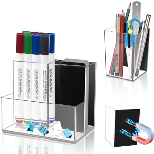Comkrivy 2 Pack Acrylic Dry Erase Marker Holder with Full Magnet Back and 4 Compartments, Magnetic Pencil Cup Locker Organizer for Refrigerator Whiteboard Office School