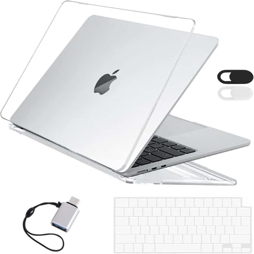 EooCoo Hard Shell Case Compatible for Apple 2025 2024 2022 MacBook Air 13.6 inch M4 A3240 M3 A3113 M2 A2681,Retina Display&Touch ID,Laptop Case & Keyboard Cover &Camera Cover &USB Type C Adapter-Clear