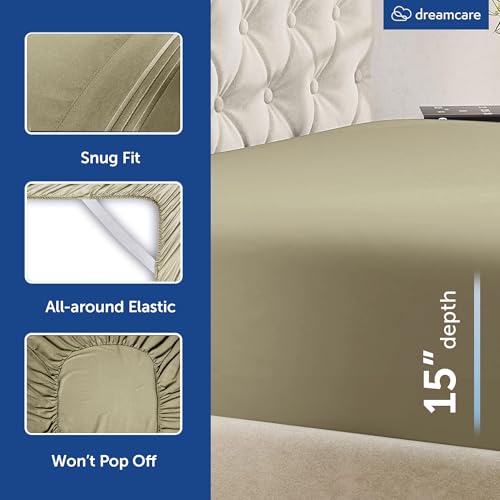 Image of DREAMCARE King Size Sheets Set - 4 pcs Breathable Cooling Sheets - up to 15 inch Deep Pocket King Sheet Set with Side Pockets - Extra Soft 100% Brushed Hypoallergenic Hotel Luxury Bedding - Eucalyptus