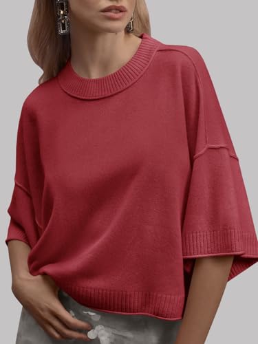 Image of Saodimallsu Womens Short Sleeve Sweater Summer Oversized Cropped Sweaters Casual Crewneck Lightweight Knit Tops