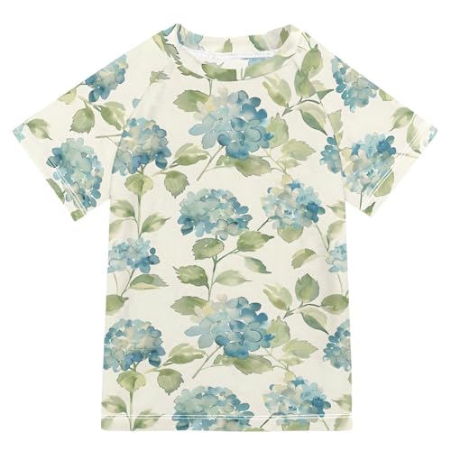 ALAZA Kids Rash Guard Girls Toddler Swim Shirts Short Sleeve Light Blue Hydrangea UPF 50+ 3T