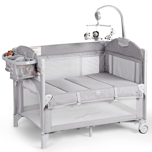 Baby Bassinets Bedside Sleeper, 4 in 1 Portable Bedside Crib w/Mattress, Diaper Changer, Storage Basket, Music Box, Carry Bag, Foldable Playard Sleeper for Newborn (Light Gray)