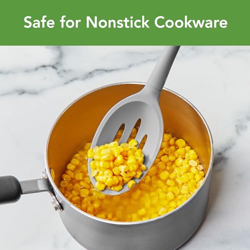 Image of Tovolo Flex Core Silicone Slotted Deep Spoon for Cooking Mixing Baking, Dishwasher Safe BPA Free All Silicone Kitchen Spoon Utensil Heat Resistant Nonstick Safe Slotted Serving Spoon, Oyster Gray