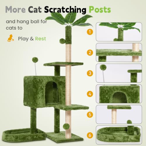 Image of 52inch Large Cat Tree Tower Condo with Hammock for Indoor Cats, Soft Plush Multi-Level Climbing Tree Cat House with Cat Cave, Scratching Post, Sisal Rope, Green