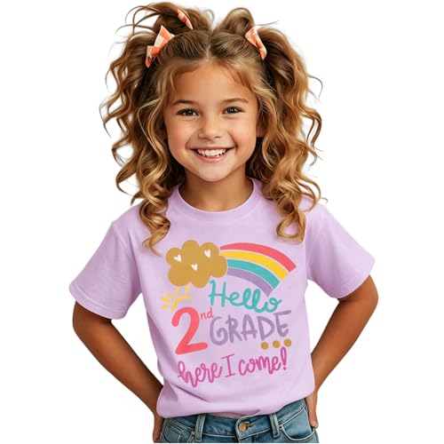 IZYJOY Girls Back to School Shirt 1st 2nd 3rd Grade Rainbow T-Shirt Kids First Day of School Tee Hello 1-3 Grade Outfit Tops (Purple-2nd Grade 7T)