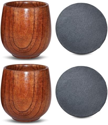 2 Pack Wooden Bourbon Glass with Slate Stone Coasters, Old Fashioned Glass Kit, Great Gifts for Men, Groomsmen, Dad, Brother, Anniversary Birthday Retirement Gift, Brown, WOODCUP01