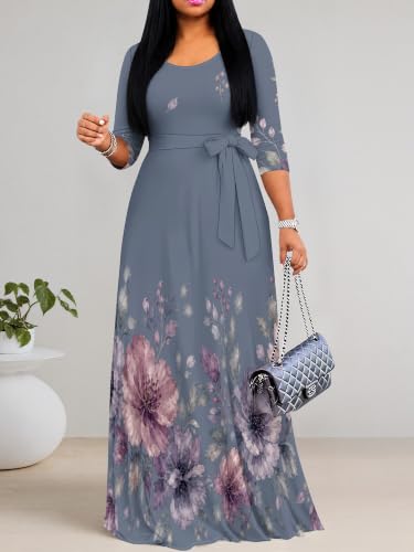 Image of PinkPatty Plus Size Maxi Dress for Women Casual V Neck 3 /4 Sleeve Boho Printed Long Dress with Pockets