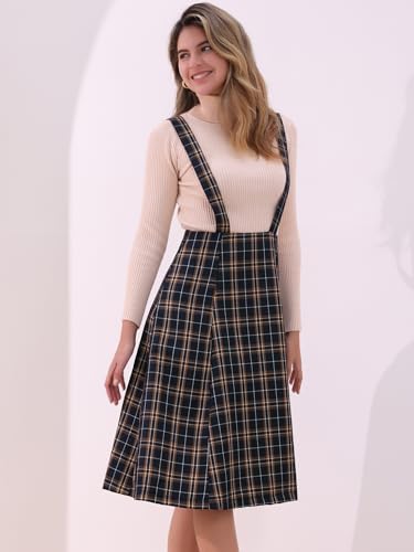 Allegra K Women's Plaid Suspender Skirts Vintage Tartan High Waist A-Line Midi Overall Skirt3