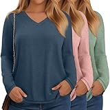 Velvelhall 3 Pack Women's Plus Size T-Shirt, Raglan Long Sleeve V Neck Tunic Tops Loose Fit Casual Basic Tee Shirt(Light Green, Light Pink, Haze Blue,X-Large)