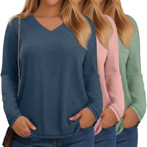 3 Pack Women's Plus Size T-Shirt, Raglan Long Sleeve V Neck Tunic Tops Loose Fit Casual Basic Tee Shirt