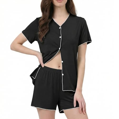 Luwnlorder Womens Pajama Sets Shorts Sleeve Button Down Collarless Lightweight...