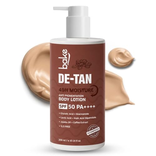 Image of BAKE De-Tan Coffee Body Lotion (300ml) 48 Hour Moisturization with Kojic Acid, Lactic Acid, Niacinamide & SPF 50 PA++++ for Pigmentation & Tan Removal | For Dark Spots & Sun Protection | Tanned & Pigmented Skin | For Women & Men