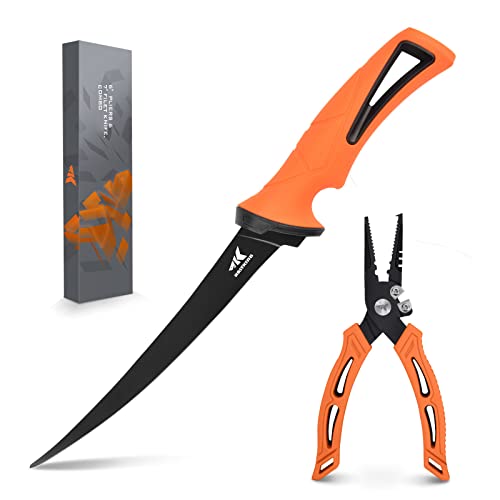 KastKing Fishing Pliers with Fillet Knife, 6  Split Ring Nose Plier and 7  Fillet Knife,Orange
