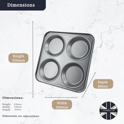 Samuel Groves Chabrias Ltd UK-Made 2-Pack Yorkshire Pudding Tray, 4-Cup “Giant” – Carbon Steel, Long-Life Non-Stick, Even-Bake, Easy-Release, Oven-Safe – Perfect Crispy Rims, 23 cm