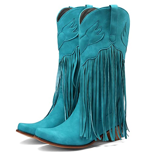 Meefit Women Fringe Cowboy Boots Square Toe Mid Calf Embroidered Western Boots,Tassel Cowgirl Boots Stacked Heel Retro Boots