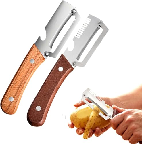 3-in-1 Multifunktionaler Gemüseschäler für die Küche 2Stück Zero Snag Holzschäler aus Edelstahl Sparschäler mit Holzgriff & integriertem Flaschenöffner für Obst Gemüse & Fleischscheiben