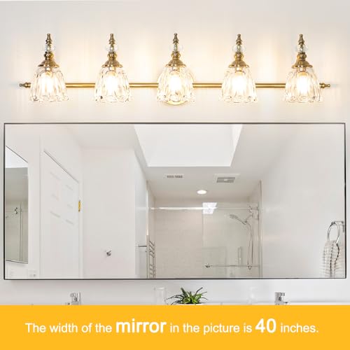 Image of Brushed Antigue Brass Bathroom Light Fixtures, 5 Lights Vanity Light with Flower Glass Shade, Bathroom Vanity Light Over Mirror, Vintage Sconces Wall Lighting for Hallway Livingroom Bedroom