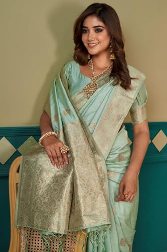 Image of SGF11 Women's Kanjivaram Pure Soft Silk Saree For Women Pure Golden Zari With Blouse Piece