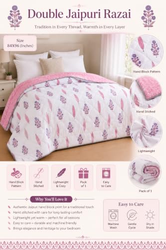 Image of RRC Double Bed Jaipuri Quilt | Floral Print Cotton Razai | 200 GSM Lightweight AC Comforter | Soft Summer Rajai for Home | Pack of 1