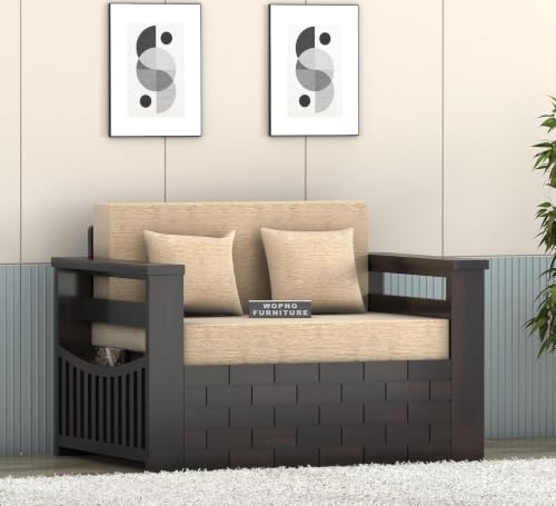 Image of Solid Sheesham Wood Sofa Cums Bed with Mattress & Storage | Rosewood Convertible Sofa Bed for Living Room & Bedroom (A-Walnut, 2 Seater)