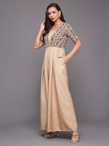 Image of Miss Chase Women's Square Neck Half Sleeve Geometric Pleated Silk Jumpsuit with Pockets