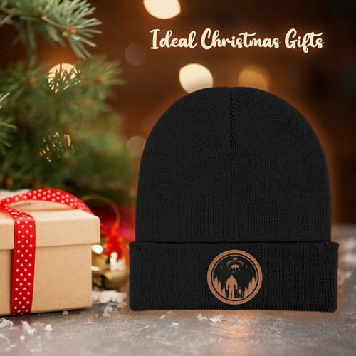 Image of Big Foot Beanie Hat, Sasquatch Leather Patch Winter Knit Skull Cap Bigfoot Gifts for Adult Men Women