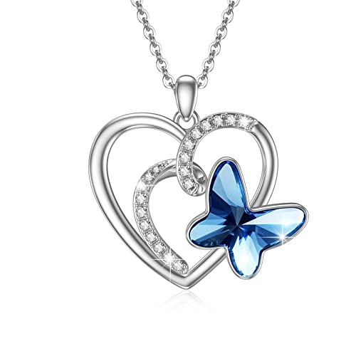 XIXLES Collier papillon en argent sterling avec pendentif en forme de cœur - Cadeau d'anniversaire pour femme et fille, Argent sterling