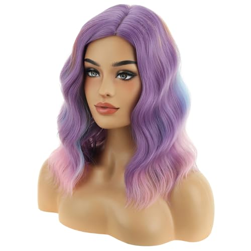 Image of BERON Women Colorful and Purple Short Wave Wig for Girls Light Purple Shoulder Length Heat Resistant Synthetic Wig for Cosplay Costume Party or Daily