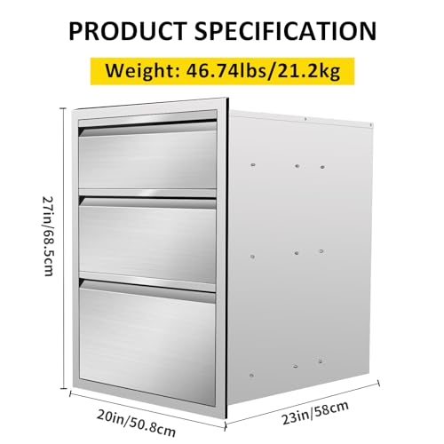 Image of Outdoor Kitchen Drawers Triple BBQ Drawers 20 inch W x 27 inch H x 23 inch D Flush Mount Stainless Steel Drawer with Hidden Handle for Outdoor Kitchen