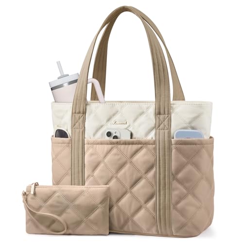 LOVEVOOK Puffer Tote Bag for Women, Puffy 15.6" Work Tote Bags with Large Cup Holder, Travel Essentials with Zipper, Quilted Large Carry On Bags for Gym Teacher Nurse Gifts