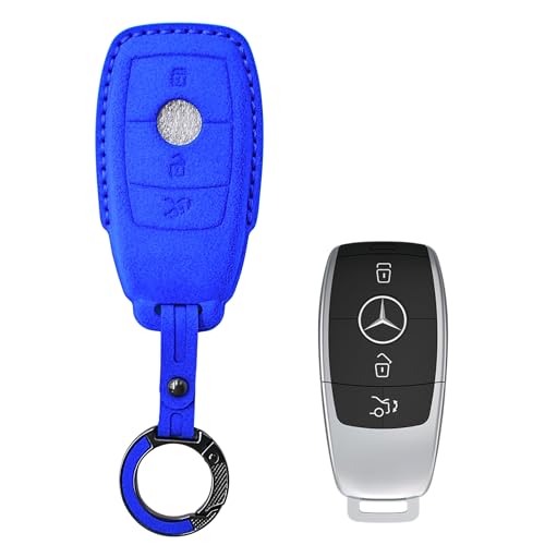 Image of KMH Alcantara Car Key Cover Compatible with Mєrcєdєs W205, E320L, C200, C180, C260, C300 Series Model 3 Buttons Shell Case Holder Full Key Protector Smart Keycover with Keychain, Blue - Pack of 2