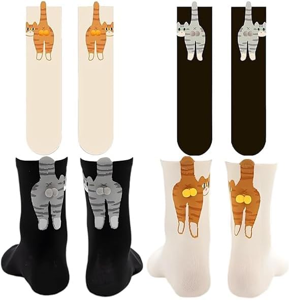 4 Pairs Cat Socks, Cute Funny Socks, Funny Cotton Animal Crew Socks Classic Kitty Clothes Accessories, Novelty Gifts for Cat Lovers, 2 Black and 2 White-image-6