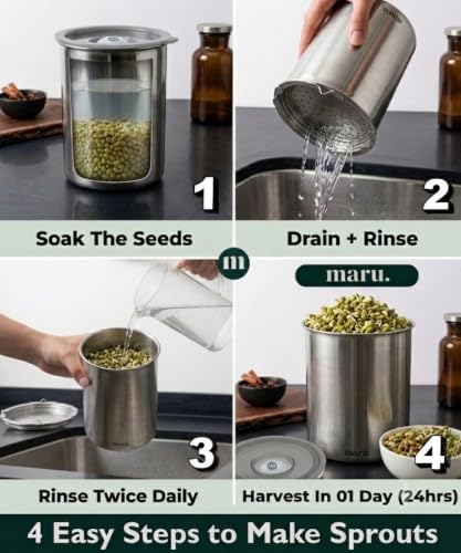 Image of Maru Steel Sprouts Maker 1000ml with Hole Mesh Lid & Drain Stand, Includes Airtight Lid for Storage Container, Plastic /BPA Free Sprouting Jar for Moong, Green Gram, Beans, Chickpeas, Seeds & Lentils