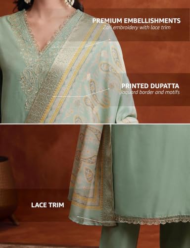 Image of Amazon Brand - Myx Women's V Neck Embroidered Kurta Set With Dupatta | Salwar Suit Set (Available In Plus Sizes)