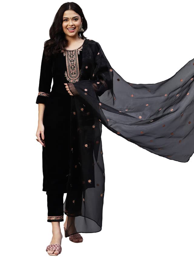 Black Embroidered Velvet Kurta with Dupatta Set