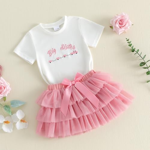Image of Kayotuas Toddler Girl Summer Clothes Big Sister Outfit Letter Short Sleeve T-shirt Layered Tutu Skirt Set Cute Birthday Dress