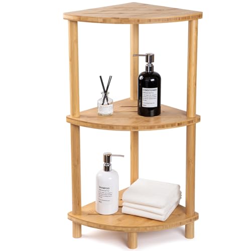 GUGIGIP Corner Shower Caddy Stand Bamboo Shower Organizer Standing with Anti-Slip Feet Bathroom Corner Shelf Waterproof & Durable Space-Saving Design Storage for Kitchen or Living Room