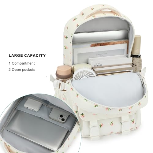 Image of Kids High Middle School Backpack for Girls 5-12 Kawaii Travel Flower Bookbag,Beige Flower