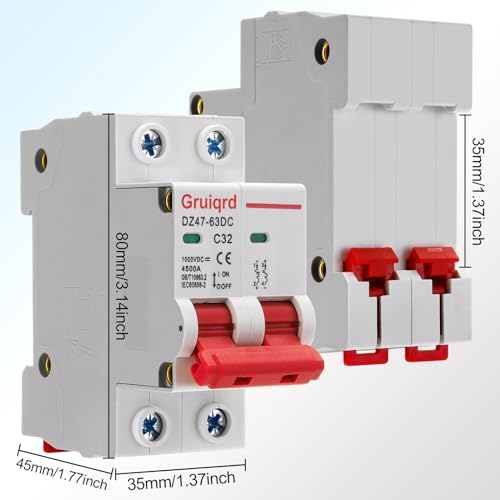2 Stück Pv Sicherungsautomat DC 1000V 32A 2 Polig DZ47-C32 Solar Leitungsschutzschalter Trennschalter Schutzluftschalter Schutzschalter für Photovoltaik-Systeme