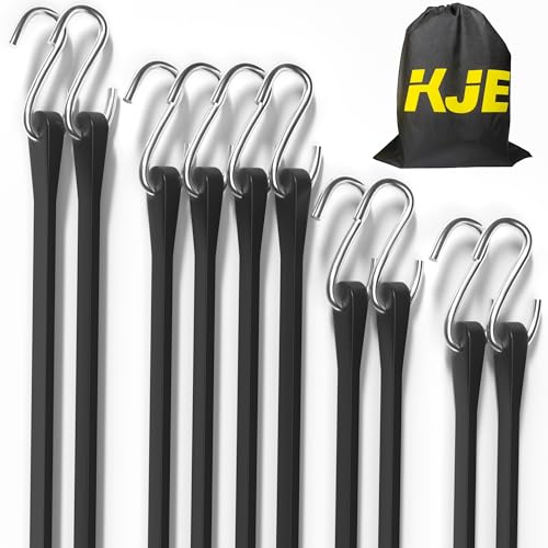 KJE 10Pack (10 15 21 31) Rubber Bungee Cords with S Hooks - Heavy Duty Black Bungee Straps EPDM - Load 180 lbs Outdoor Tie Downs Securing Tarps & Canvases & Cargo in Cold Hot Climates