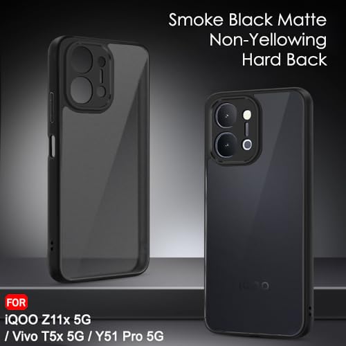 Image of TheGiftKart Hybrid Shockproof Back Cover Case for iQOO Z11x 5G / Vivo T5x 5G / Vivo Y51 Pro 5G | Camera Protection Bump | Smoke Black Matte Hard Translucent Back Cover Case (PC & TPU, Black Bumper)
