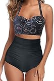 Octopus Trendiger Damen Bügel Bikini 2tlg. Bademode Set High Waist Slip f5674 Farbe: B22(1074)-S11(sw) Bikini Oberteil Schwarz mit Kreisen (1074), Slip Schwarz, Gr. 46