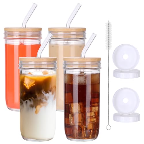 AuroTrends 24oz Glass Cups with Lids and Straws (4-Pack)