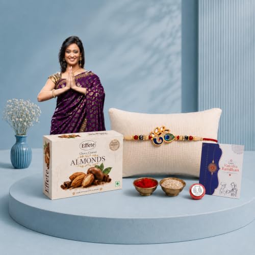 Image of DeoDap Rakhi for Brother with Choco Coated Almonds 32gm, Peacock Design, Pooja Coin, Roli Chawal & Card | Rakhi with Chocolate Combo for Raksha Bandhan