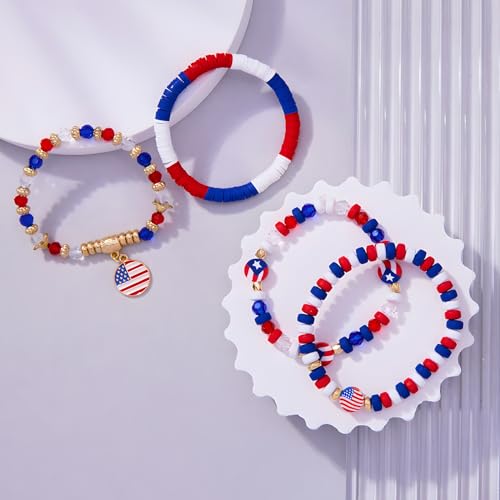 4th of July Accessories USA Patriotic Bracelets for Independence Day Red White and Blue American Flag Stretch Bracelets for Women Girls Boys3