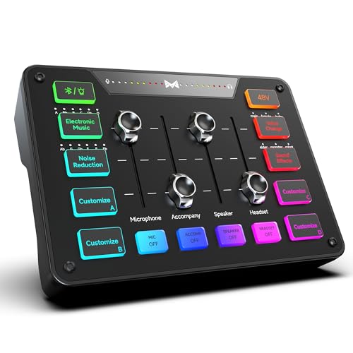 Gaming Audio Mixer, Audio Interface with XLR Microphone Input, Noise Reduction, RGB, Bluetooth, 48V Phantom Power, Voice Changer, Sound Board for Podcast/Recording/Streaming/Vocal/Game (Black)