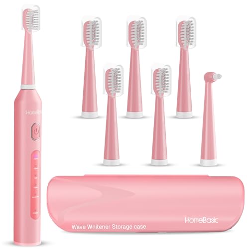 Image of HOMEBASIC Sonic Electric Toothbrush for Adults, 40000 VPM, 5 Modes, 6 Brush Heads, 60-Day Battery, USB-C Rechargeable, IPX7 Waterproof, Smart Timer, Travel Case for Men & Women (Pink)