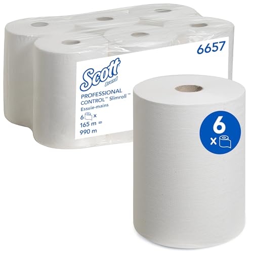 Scott Slimroll Essuie-Mains Roulés, 1 pli, Blanc, Ultra-Absorbants & Résistants – Technologie Airflex®, Certifiés FSC & Écolabel, 6 Rouleaux x 165 m...