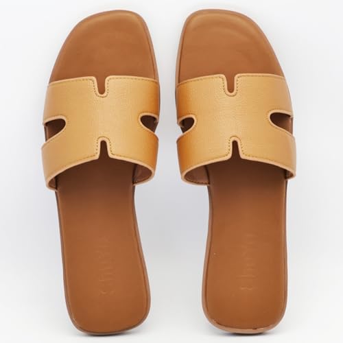 Image of Women's Flat Sandals, Ladies Leather Slippers, Comfy Dressy Slip on Shoes Elegant Slides Summer Fall Spring Cute Open Toe Casual Footwear